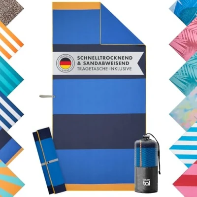 Abbildung von Blumtal Reisehandtuch Strandhandtuch 90x180 cm aus Mikrofaser kompakt &amp; schnelltrocknend, sandfrei mit Band Handtuch groß Wellen Muster