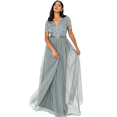Abbildung von Maya Deluxe Damen Stripe Embellished Maxi With Sash Belt Bridesmaid Dress, Misty Green, 50 EU
