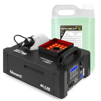 Abbildung von BeamZ BLAZE1200 Nebelmaschine mit Lichteffekt, 1200 Watt inkl. 5 Liter ECO Fluid, Funkfernbedienung, Horizontal und Vertikal, Fog Machine, Smoke Machine für DJs, Schwarz