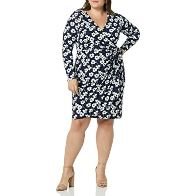 Abbildung von Amazon Essentials Damen Klassisches Wickelkleid mit Langen Ärmeln (erhältlich in Übergröße), Marineblau Blumen, XS