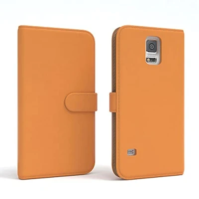 Abbildung von EAZY CASE Tasche kompatibel mit Samsung Galaxy S5/LTE+/Duos/Neo Schutzhülle Standfunktion Klapphülle Bookstyle, Handytasche Handyhülle Magnetverschluss und Kartenfach, Kunstleder, Orange