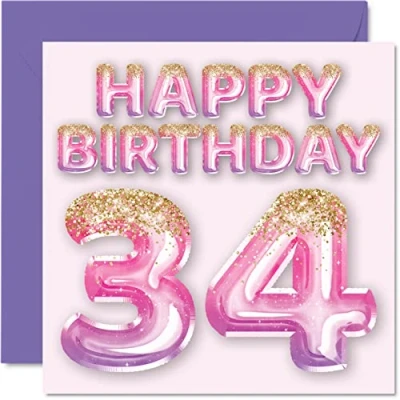 Abbildung von Geburtstagskarte zum 34. Geburtstag für Frauen rosa und lila Glitzerballons Happy Karten 34 Jahre alte Frau Freund Schwester Mama Tante 145 mm Vierunddreißig Grußkarten Geschenk