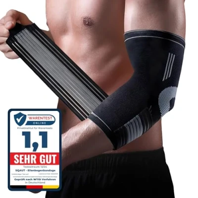 Abbildung von SQAUT® Ellenbogenbandage Ellenbogen Bandage Herren und Damen für Sport, Tennisarm Golferarm Ellbogen Stütze Armbandage mit Klettbänder Klettgürtel Elbow Brace Support (Schwarz (1 Paar), M)