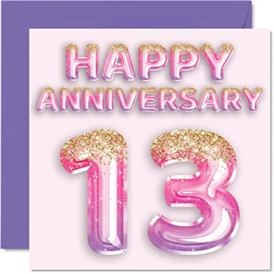 Abbildung von Hübsche Spitzen Jubiläumskarte für Ehefrau, Freundin, Ehemann, Freund, rosa lila Glitzer Luftballons Happy 13th Anniversary Cards from Family, 145 mm x Grußkarten dreizehnte Jubiläen