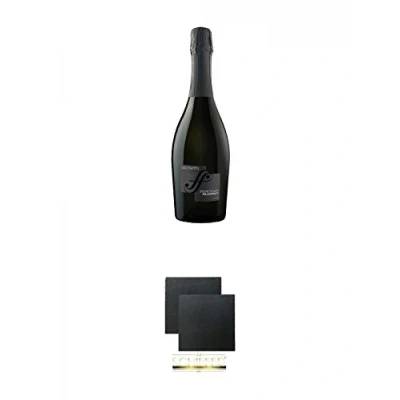 Abbildung von Sacchetto Spumante Etichetta Nera Millesimato Extra Dry 0,75 Liter + Schiefer Glasuntersetzer eckig ca. 9,5 cm Ø 2 Stück