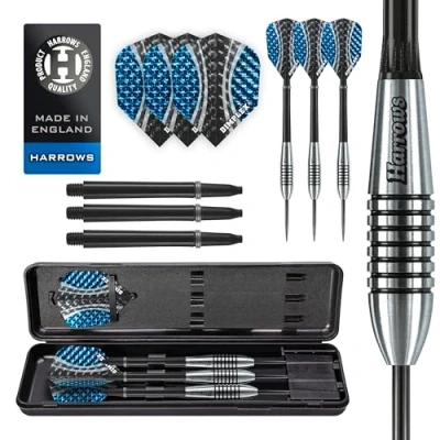 Abbildung von Harrows Bomber Darts Set mit 85% Wolframstahlspitze, 21 g, 23 25 g und 27 inklusive hochwertiger Schäfte, aerodynamischer Flights Reiseetui