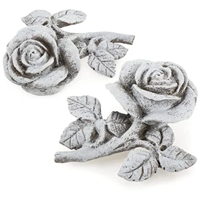 Abbildung von com four® 2X Grabdekoration Rose Gedenkstein in Form Einer Rosenblüte mit Blättern und Stengel wetterfester Grabschmuck Trauerstein (1 Paar Rosen)