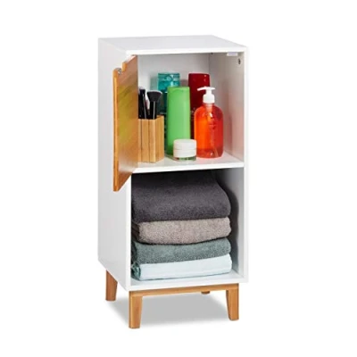 Abbildung von Relaxdays Standregal weiß, Beistellschrank aus MDF und Bambus, Wohnzimmerregal, skandinavisch, HBT 71x32x30 cm, White, 2 Ablagen