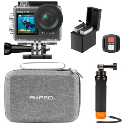 Abbildung von AKASO Brave 4 Pro Action Cam 4K30FPS 20MP mit Schwimmender Handgriff und Tasche 40M Unterwasserkamera Ultra HD Touchscreen 170 Weitwinkel, EIS Stabilisierung, 5X Zoom, 2.4G Fernbedienung 2 Akkus