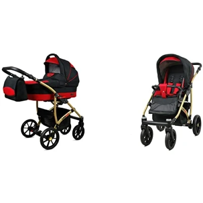 Abbildung von BabyLux Largo 2 in 1 Baby Kinderwagen Tief und mit Zubehör Verstellbar faltbar Aluminiumkonstruktion Wasserdicht Nicht abnehmbare Räder Black Gold Frame