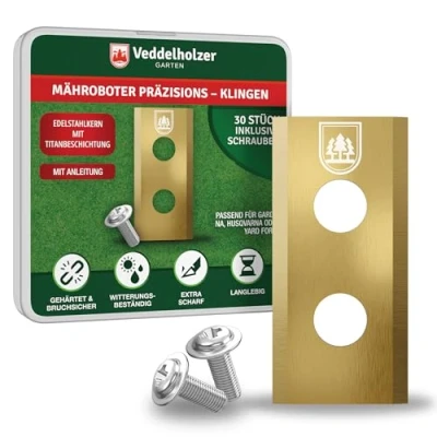 Abbildung von Veddelholzer Garten Rasenmähermesser 30 Mähroboter Klingen aus Edelstahl mit Titan beschichtet Ersatzmesser (30 St., kompatibel Einhell, Landscape uvm), Inklusive Schrauben alles in einem Set