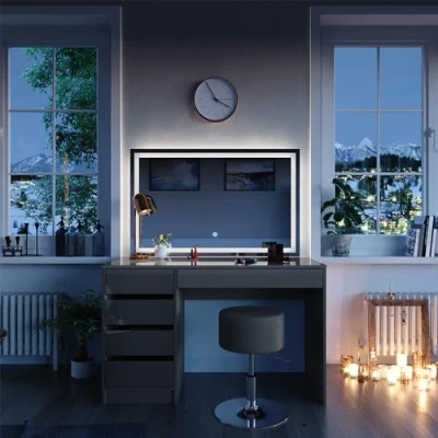 Abbildung von Vicco Schminktisch Sherry, Grau Hochglanz, 120 cm mit LED Spiegel und Hocker