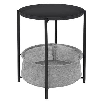 Abbildung von ML Design Beistelltisch rund Ø46xH51 cm, Anthrazit, Metall, Couchtisch mit Stoffkorb &amp; Abnehmbarer Tablett, Sofatisch Korb als Stauraum, Modernes Design, Kleiner Tisch, Wohnzimmertisch Nachttisch