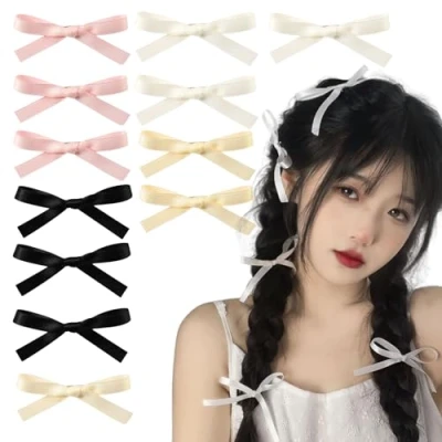 Abbildung von 12 Stück Haarspangen Damen,Haarspange Schleife,Haarschmuck Damen,Haarspangen für Teenager,Kinder Schleife Alligator Haarschleifen,Haarnadeln Mädchen(Schwarz,Rosa,Weiß,Gelb)