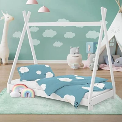 Abbildung von ML Design Kinderbett Tipi 80 x 160 cm mit Lattenrost, Weiß, Kiefernholz, Indianer Bett aus Massivholz, Hausbett für Mädchen und Jungen, Kinderhaus Jugendbett Holzbett Bettenhaus Spielbett Zelt Holz