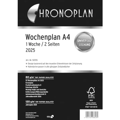 Abbildung von Chronoplan 50705 Kalendereinlage 2025 (Wochenplan A4 (210x297mm) Ersatzkalendarium für Terminplaner, ideal detaillierte Wochenplanung, 1 Woche auf 2 Seiten in Spalten, mit Universallochung) weiß