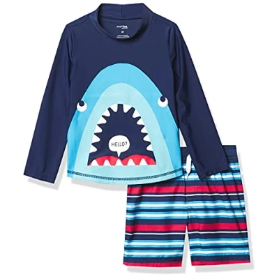 Abbildung von Simple Joys by Carter&#039;s Baby Jungen Swimsuit Trunk and Rashguard Rash Guard Set, Marineblau Haifisch/Rot Streifen, 12 Monate