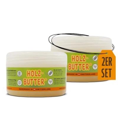 Abbildung von Renuwell Holz Butter, 2x 250 ml Intensiv Pflege für alle Holzarten, Möbelpflege 100% natürliche Inhaltsstoffe, Lebensmittelecht, hochwertiger Holzbalsam mit Bienenwachs, Schweizer Qualität