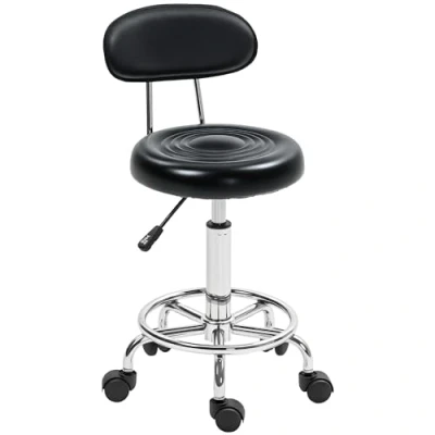 Abbildung von HOMCOM Rollhocker höhenverstellbar Drehhocker Drehbar Salon Hocker mit Lehne, Rädern, Arbeitshocker Verstellbarer Fußstütze für Büro, Kunstleder, 32 x 40 70 86 cm, Schwarz