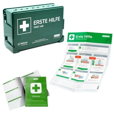 Abbildung von Betriebsverbandkasten nach Neuer DIN 13157:2021 mit Wandhalterung gemäß ASR Verbandskasten Erste Hilfe Kasten FLEXEO Koffer für Betriebe Wandmontage First aid (Komplettpaket Basic)