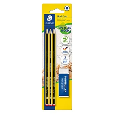 Abbildung von STAEDTLER Bleistifte Set Noris 120, Made from Upcycled Wood, Härtegrad HB, 3 x und 1 Mars Plastic Radierer, hohe Qualität in Germany, 120 R BK3D