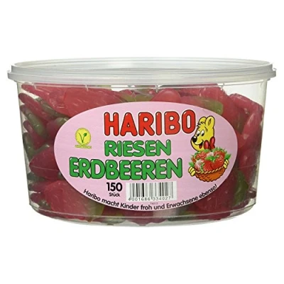 Abbildung von 8 Dosen (10.050 Kg) Haribo Liebes Mix, Liebesherzen, Happy Cola, Cherry, Süße Teufel, Schnuller, Kiss Riesen Pommes, Erdbeeren