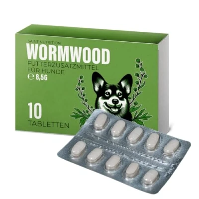 Abbildung von Saint Nutrition® Wormwood Wurmkur Hund Entwurmungsmittel für Hunde Natürliche Kräuterformel mit Wermutkraut Extrakt Ergänzungsfuttermittel eine optimale Unterstützung 10 Tabletten