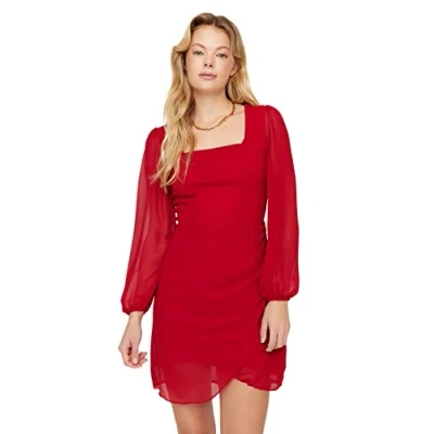 Abbildung von Trendyol Women&#039;s Damen Gerade Mini Lange Ärmel Geschäft Regulär Kleid Dress, Burgundy, 34