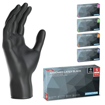 Abbildung von ARNOMED 100x Einweghandschuhe S, Latexhandschuhe Schwarz (1x100 Stk) puderfrei, Handschuhe Latex Einweg, Putzhandschuhe, Handschuhe, Einmal /Einweg XS, M, L &amp; XL