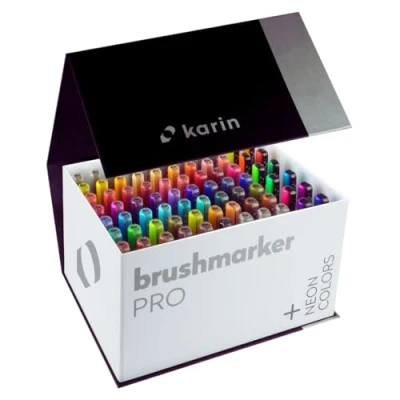 Abbildung von KARIN Mega Box PLUS 72 Farben + 3 Blender, Brushmarker PRO Brushpens auf Wasserbasis geeignet zum Malen, Zeichnen und Handlettering, mehrfarbig, NEON enthalten 27C13, 75 Stück (1er Pack)