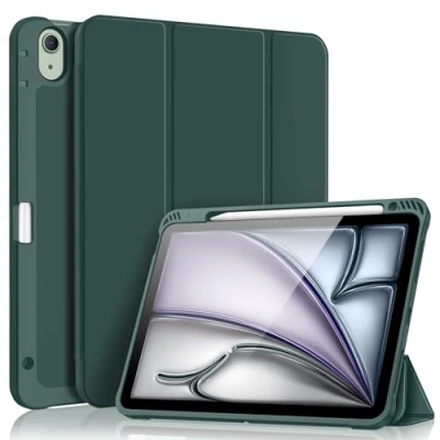 Abbildung von Fintie SlimShell Hülle für iPad Air 27.9 cm M2 (2024), 5th Generation (2022) / 4th Gen (2020) 10.9 Zoll Flexible weiche TPU Rückseite mit Stifthalter, Mitternachtsgrün