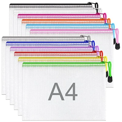 Abbildung von 12 Stück bunte Dokumententasche A4 wasserdichte Reissverschluss,Datei Tasche Kunststoff für Dokumente, Quittung, Papier, Schule, Prüfungsblatt, Kosmetik, Reise
