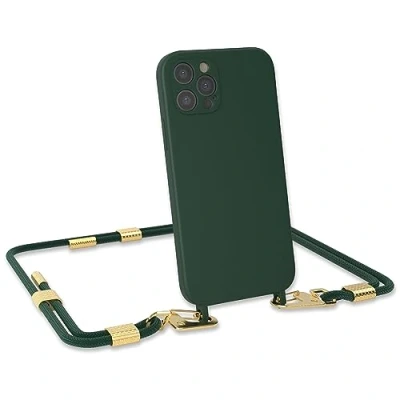 Abbildung von EAZY CASE Handykette Silikon mit Clips 2 in 1 kompatibel iPhone 12 Pro Handyhülle Umhängeband, Handykordel Silikon, Hülle Band, Kette für Smartphone, Grün Gold