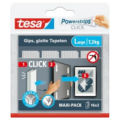 Abbildung von tesa Powerstrips Click Klett Klebepads zum An und Abklicken von Bilderrahmen Wanddekorationen ohne Bohren selbstklebende Klettband Strips mit ON OFF System Large 16 x 2 Stück