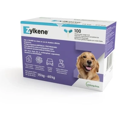 Abbildung von ZYLKENE® Kapseln (100 x) Zur Stressreduzierung Ergänzungsfuttermittel Für mehr Wohlbefinden in ungewohnten Situationen Hunde von 15 kg 60 450mg