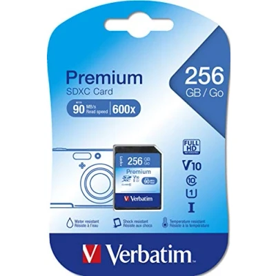 Abbildung von Verbatim Premium U1 SDXC Speicherkarte, 256 GB, SD Karte für Full HD Videoaufnahmen, mit integriertem Schreibschutz, Speicherkarte schwarz, ua. Kamera und PC