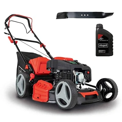 Abbildung von Scheppach Benzin Rasenmäher MS225 53 mit Radantrieb 53cm Schnittbreite 65L Fangbox Höhenverstellung 7 Stufen Seitenauswurf &amp; Reinigungsfunktion Mulchmäher inkl. Motoröl Ersatzmesser