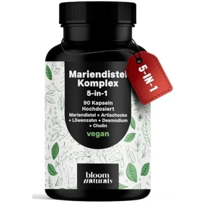 Abbildung von Mariendistel Artischocke Löwenzahn Komplex Hochdosiert 90 Kapseln 5 in 1 Leber Kur mit + Desmodium Cholin Vegan Laborgeprüft