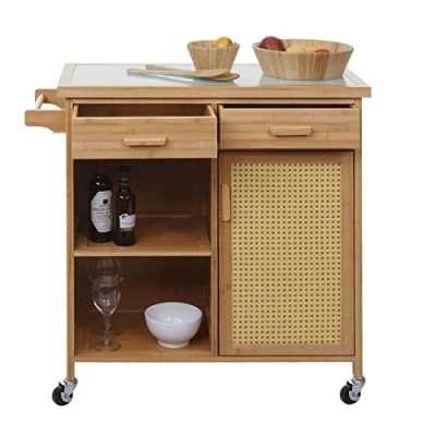 Abbildung von Mendler Servierwagen HWC K11, Küchenwagen Barwagen Rollwagen, Griff Schublade Arbeitsplatte 85x84x36cm Bambus, braun
