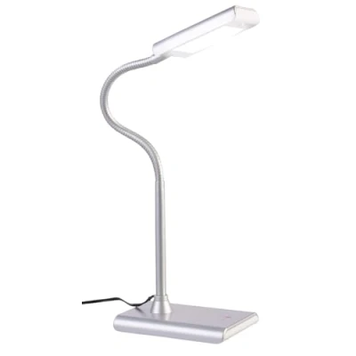 Abbildung von Lunartec Schreibtischleuchte: LED Schreibtischlampe mit Schwanenhals, 5 Watt, silbern (LED Schreibtischleuchte, Schreibtischbeleuchtung, Leselampe Bett)
