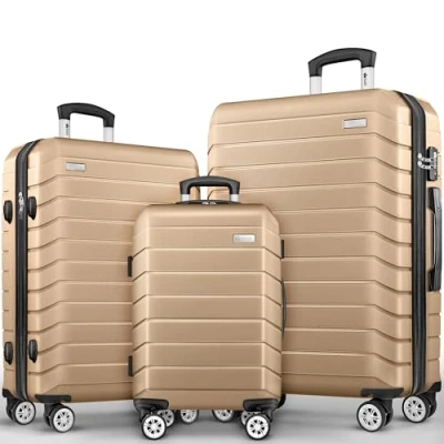Abbildung von tillvex® Reisekoffer Set 3 TLG. + Gepäckwaage, 6X Koffergurte &amp; 3X Kofferanhänger Kofferset 4 Rollen Trolley Gepäck Koffer TSA Schloss Rollkoffer Hartschalenkofferset S M L XL (Champagner)