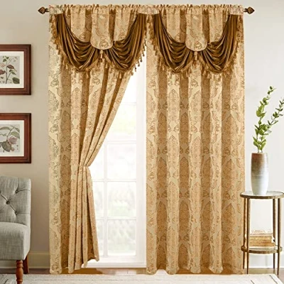 Abbildung von Elegant Comfort Jacquard Look Vorhang Set mit angenähtem Wasserfall Volant, (2 Stück), 137 x 213 cm, Gold/Kamel