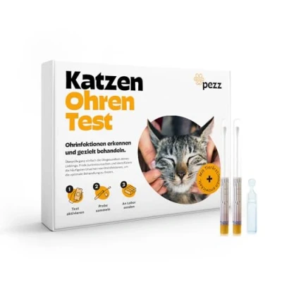 Abbildung von Pezz Ohrentest für Katzen zum Testen auf Ursachen von Ohreninfektionen (Milben, Bakterien &amp; Hefepilz) Abstrich Proben beiden Ohren Ergebnis als Labor Befund gratis Versand