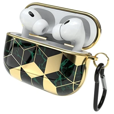 Abbildung von EAZY Case Schutzhülle für AirPods Pro 2 Hülle Grün Hard Stoßfest mit Karabiner geeignet als Schlüsselanhänger Antikratz Etui rutschfest Hardcase Airpod 2. Generation in Gold Marmor