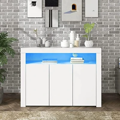 Abbildung von Merax Sideboard Beistellschrank mit LED Leuchten, Hochglänzende weiße Anrichte 3 Türen &amp; Freifläche, Moderne Buffetschrank viel Stauraum, für Wohnzimmer, Esszimmer, Schlafzimmer, 130x35x95cm