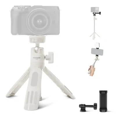 Abbildung von NEEWER Mini Selfie Stick Stativ, kompatibel mit iPhone GoPro Insta360 DJI 360 Kugelkopf erhöhter Mittelachse, Metall, tragbare kleine Schreibtischkamera, Webcam Handy, Vlog Ständer, TP43, Weiß