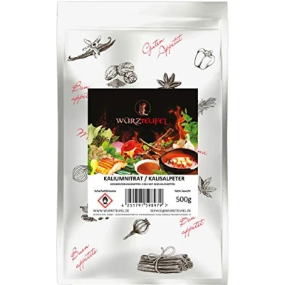 Abbildung von Salpeter, Kaliumnitrat, Kalisalpeter Bengalsalpete, KNO3 in Lebensmittelqualität, mit Rieselhilfe. Beutel 500g.