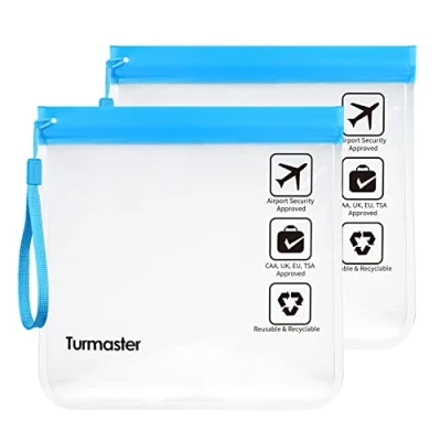 Abbildung von Turmaster 2 Packen Flughafen zugelassener durchsichtiger Kulturbeutel, auslaufsichere Flughafensicherheit zugelassene Flüssigkeitsbeutel 20 x 20cm, wasserdichte Reisekulturbeutel, Blau mit Griff