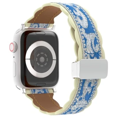 Abbildung von TiMOVO Besticktes Armband Kompatibel mit iWatch Serie 10 9 8 7 6 5 4 3 2 1 SE, Lederarmband für Apple Watch Band 41 mm 40 38 Damen, Indigo