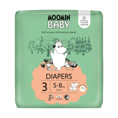 Abbildung von Moomin Baby Öko Windeln Größe 3, 5 8 kg 48 Stück, Weiche Premium Weich und hautfreundlich, Atmungsaktiv, Saugfähig, Keine unnötigen Chemikalien